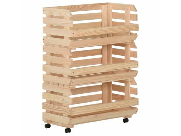 HFXHIJXQ Küchenwagen Massivholz Kiefer 3Etagen Rollwagen 57x30x80 cm Flexibler Haushaltswagen aus Nadelholz mit herausnehmbaren Holzkisten für Küche, Vorratskammer und Essbereich.