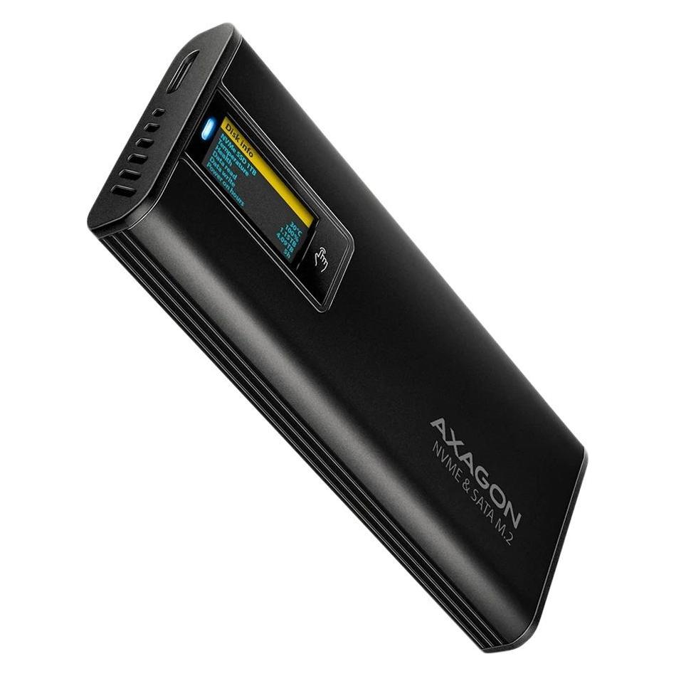 Axagon EEM2-SD2B, USB-C 10Gbps externí box s displejem pro M.2 NVMe/SATA SSD, bezšroubkový, černý (M.2) (EEM2-SD2B)