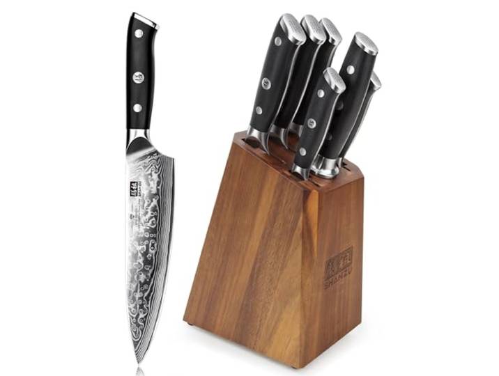 SHAN ZU Damast Messerblock Set 7-teilig, Messerset mit Holzblock 5 Küchenmesser & Wetzstahl, Klinge aus 67 Lagen Damaszenerstahl, kohlenstoffreichem Stahlkern, G10-Griff – PRO Series