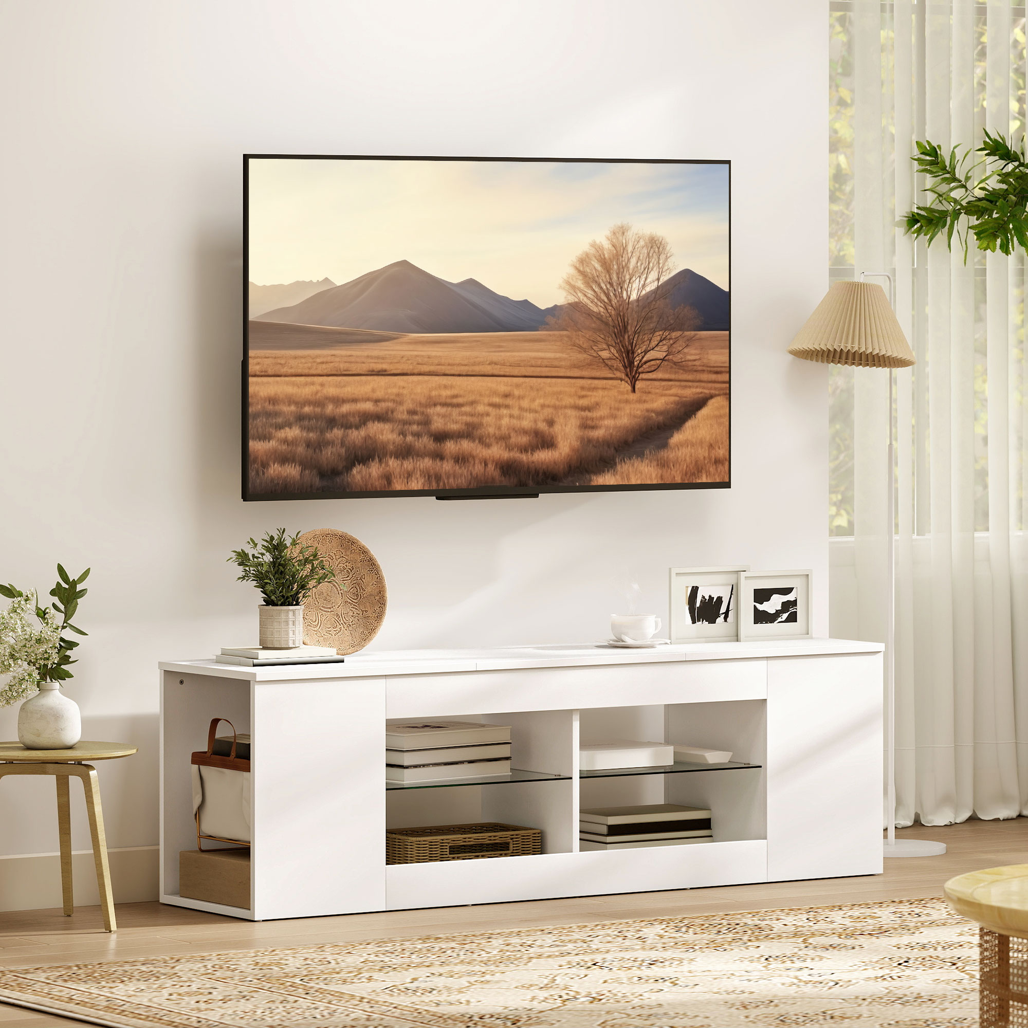 Homcom Mobile TV, 6 scomparti, 2 ripiani in vetro, pannello di truciolato, 140 cm, Bianco   Aosom Italy