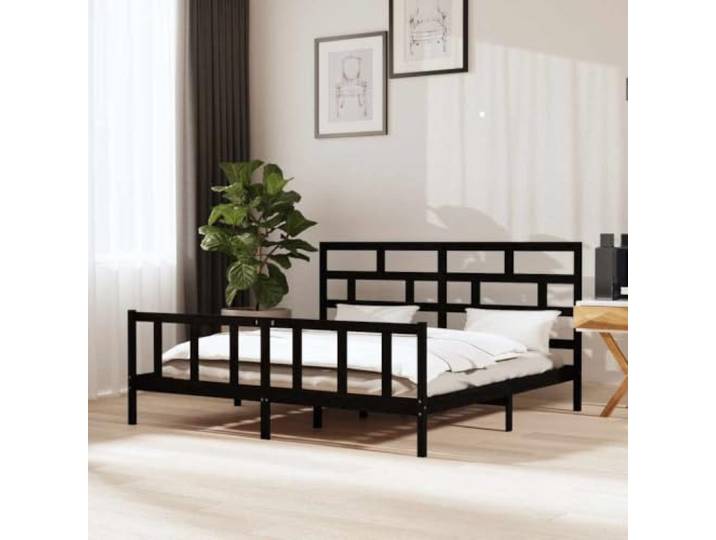 KGHFDVB Bett Schwarz 200 x 200 cm aus Kiefer-Massivholz Massives Kiefernholz, Bettrahmen mit Kopfteil, für Schlafzimmer, 205, 5 x 205, 5 x 69, 5 cm, Matratze 200 x 200 cm