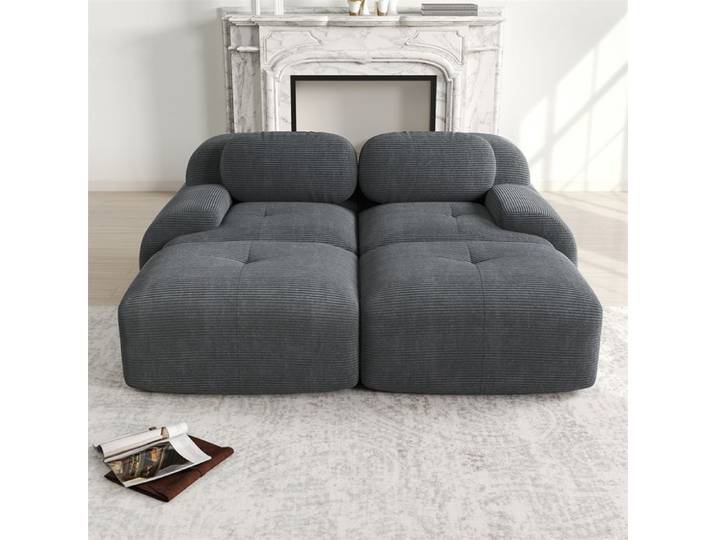 DRIPEX Canapé modulable en velours côtelé - 2 places - Canapé lit avec 2 oreillers et 2 poufs - 208x178x70cm - Gris