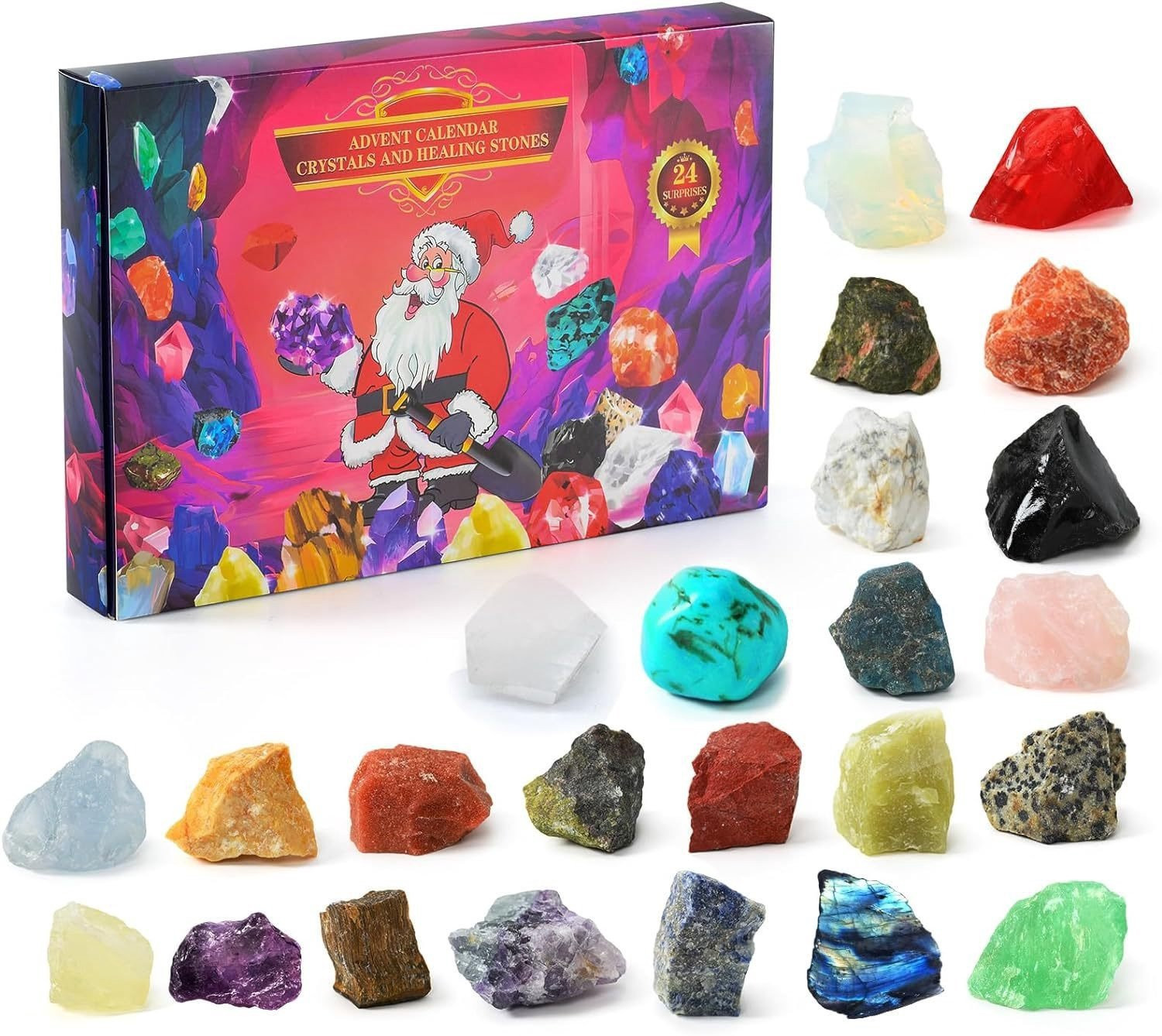 Adventskalender 2026 met 24 stuks kristallen en edelstenen in meerdere kleuren