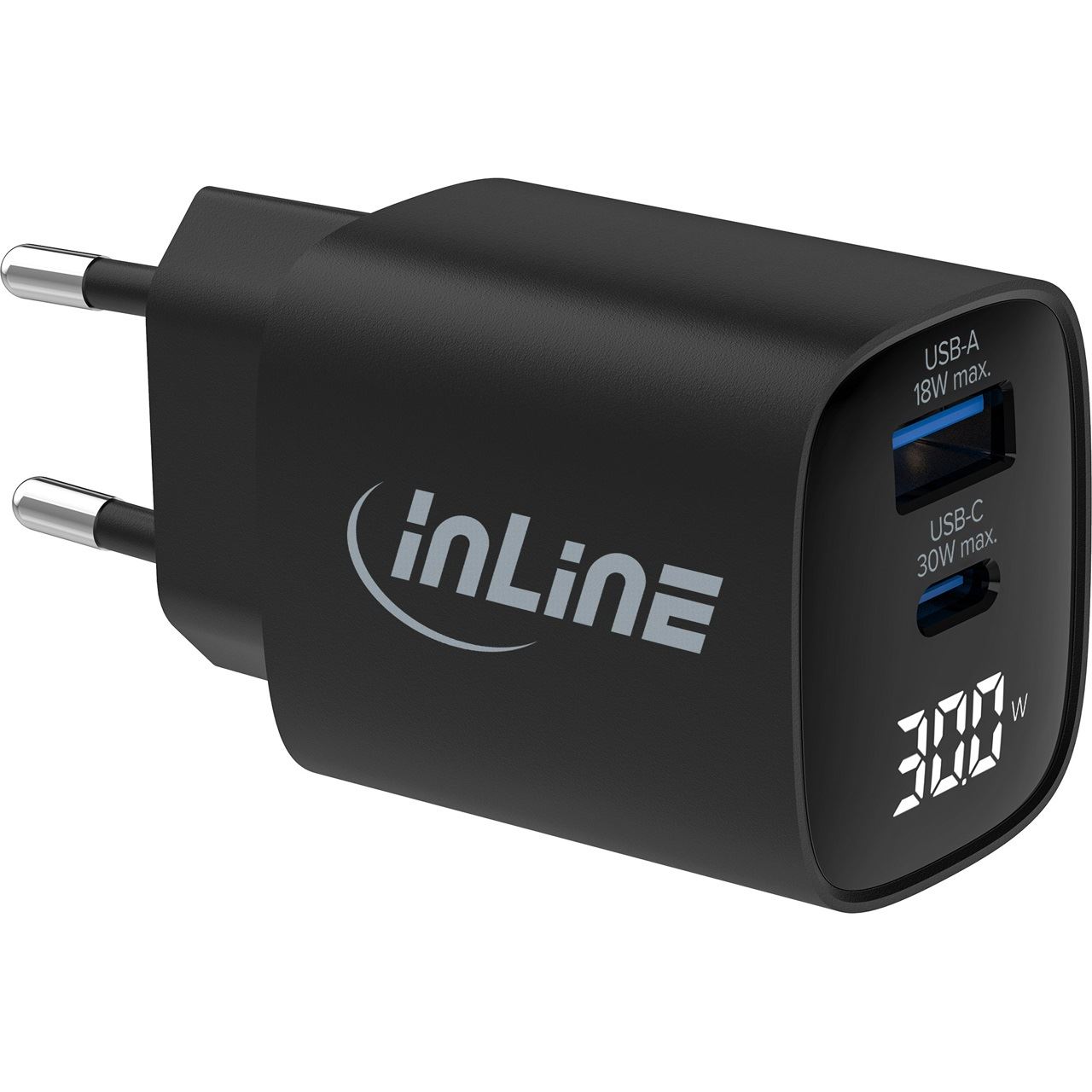 InLine USB PD Netzteil, GaN Ladegerät, 2-Port, USB-C + USB-A, 30W, mit Display
