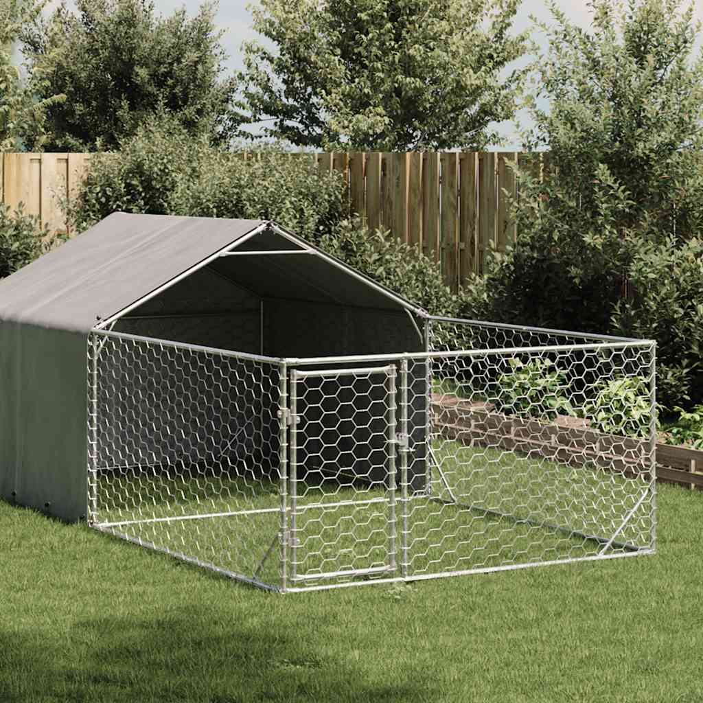 vidaXL Caseta perros exterior con corral 7x2x1,5 m acero galvanizado Plateado