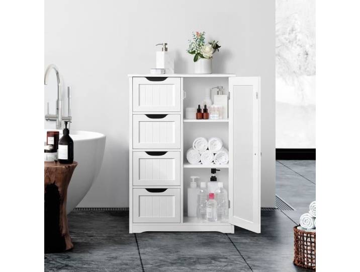 Meuble de Salle de Bain - YAHEETECH - Blanc - Armoire de Rangement avec Tiroirs et Etagère Réglable
