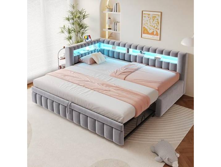 Merax Polsterbett Ausziehbares Schlafsofa 90x200 cm mit LED-Beleuchtung, USB-Ladeanschluss, Samtstoff, Streifenmuster – Hellgrau (Ohne Matratze)
