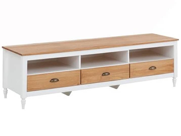möbelando TV-Bank >Audhild< TV-Bank Audhild in Weiß, mit 3 Fächern und 3 Schubladen, aus MDF/Kiefer, Muschelgriffen und Holzoptik-Füßen, 160x45 cm, stabil und elegant für das Wohnzimmer.