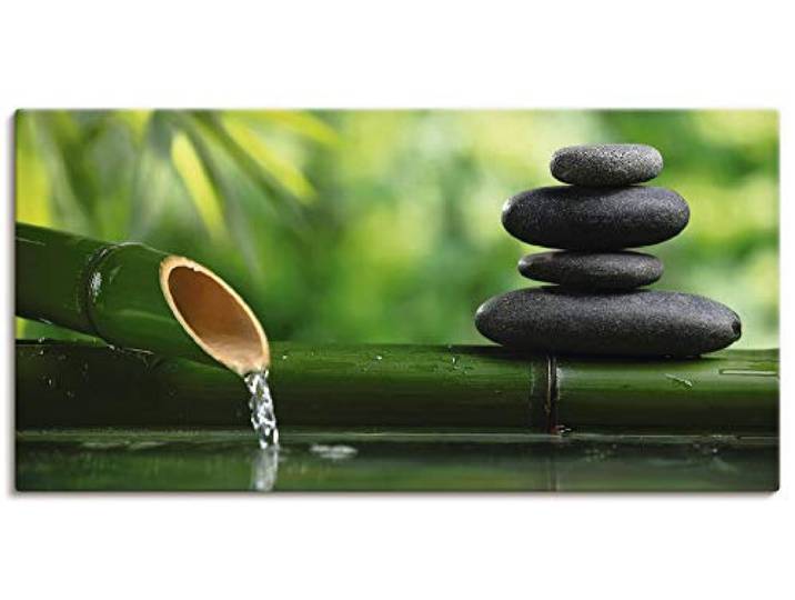 ARTLAND Wanddeko Leinwand Bilder Wandbild 150x75 cm Wellness Zen Stein Fotografie Grün Bambusbrunnen und Zen-Stein S5YF