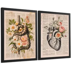 POSTER Set aus 2 Anatomie Mensch Drucke und Wandbilder mit Verdauungssystem Darm und Herz Klassisches Florales Design Größe Schwarzer Rahmen A3