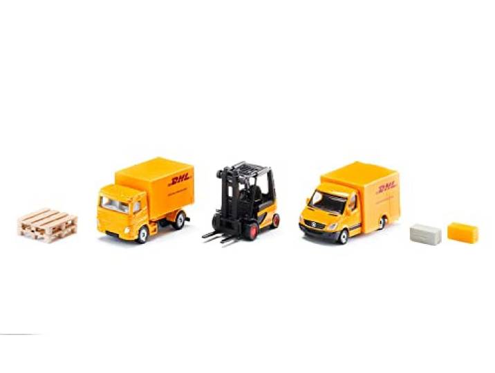siku 6335, DHL logistiek geschenkset, inclusief vrachtwagen, heftruck, bezorgwagen, pallets en pakketten, metaal/kunststof, geel, bewegende onderdelen