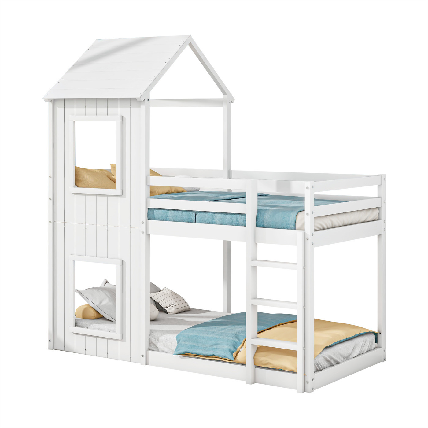 90*200cm Etagenbett,Kinderbett,Hausbett für Mädchen und Jungen,mit Leiter & Baldachin,bodentief,massivholz