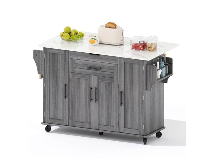 Îlot central de cuisine mobile SENVIRO gris MDF 136 x 45(70) x 92 cm plan de travail extensible roulettes tiroir portes