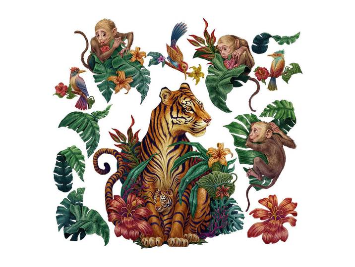 Wallfluent Wandaufkleber 80x105cm - Dschungelsafari, Mehrfarbig, Kunststoff, Rechteckig, 80x105x0.1 cm, Tapeten & Wandverkleidungen, Wandtattoos & Sticker, Wandtattoos