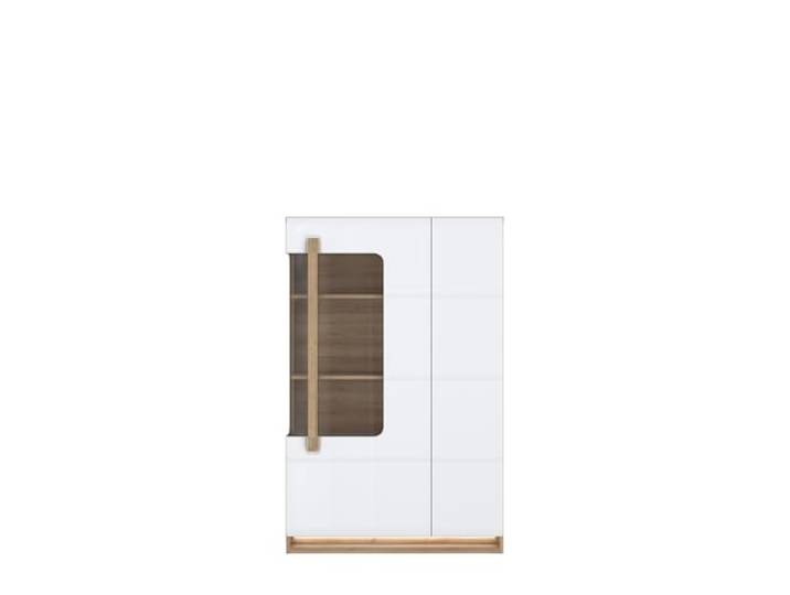 möbelando Stauraumvitrine >Attention< mit LED-Beleuchtung, Riviera Eiche Dekor/Weiß Gloss, 89,9x139,6x34,3 cm, Moderne Vitrine mit Soft-Close-Türen und Push-to-Open-Funktion