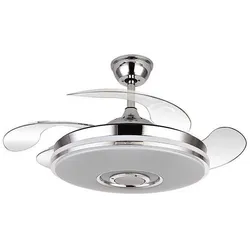 AKUNADECOR LED-Lüfter Modell NOTO chrom DC-Motor, mit FABRILAMP-Lautsprecher.