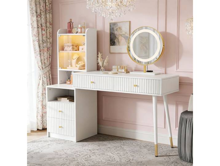 Coiffeuse - POCKETPOP - Miroir LED tricolore - 4 tiroirs - Armoire vitrée éclairée 100×40×125 cm