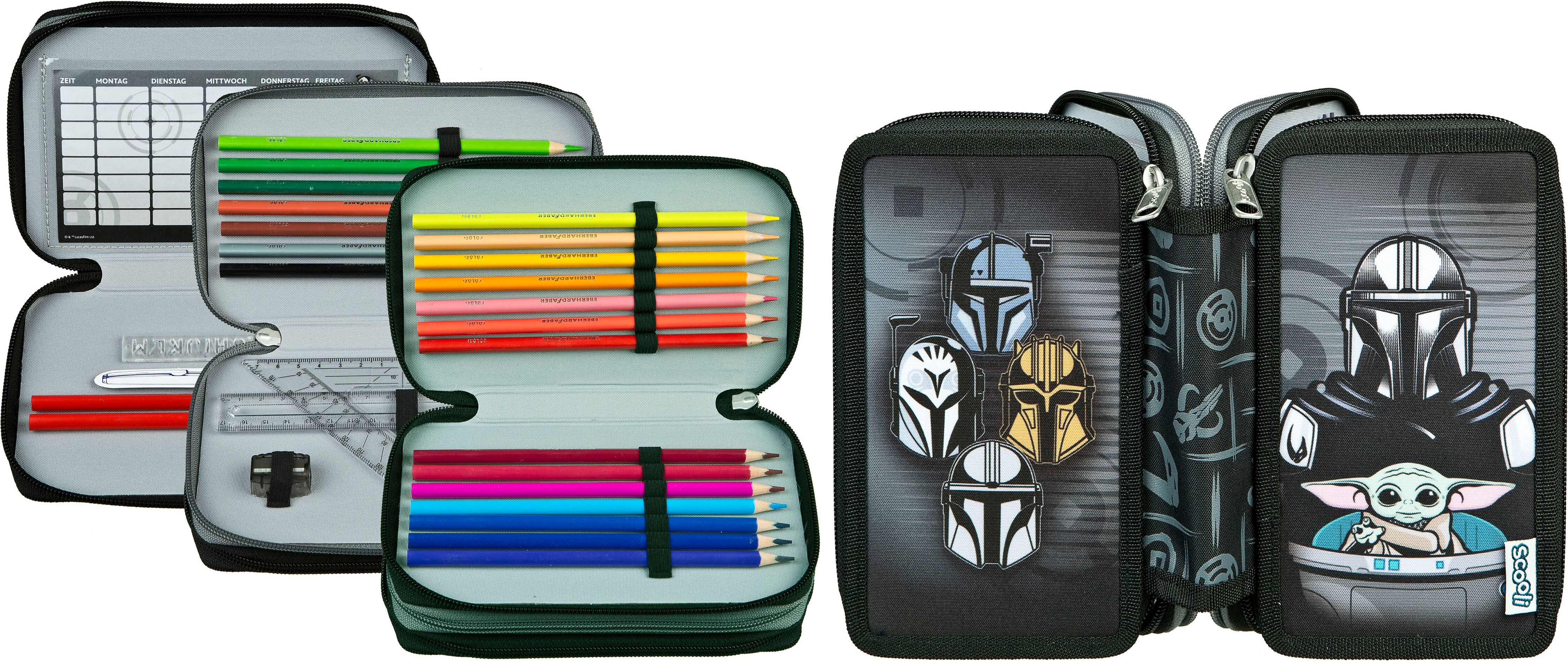 Federmäppchen SCOOLI "Tripledecker, Star Wars", Kinder, bunt (star wars), Polyester, Schreibgeräteetuis Federmäppchen, befüllt, inklusive Geodreieck star wars Einheitsgröße