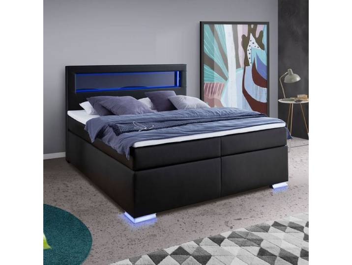 Boxspringbett Cresella Kunstleder mit Beleuchtung 180x200cm 180x200 cm Härtegrad: H2/H3 Schwarz