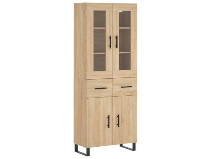Fisinber Highboard Sonoma-Eiche 69,5x34x180 cm Schrank Holzwerkstoff Stilvoller Mehrzweckschrank mit Glasscheiben und Metallfüßen für Wohnzimmer oder Flur. Spendet vielseitigen Stauraum.