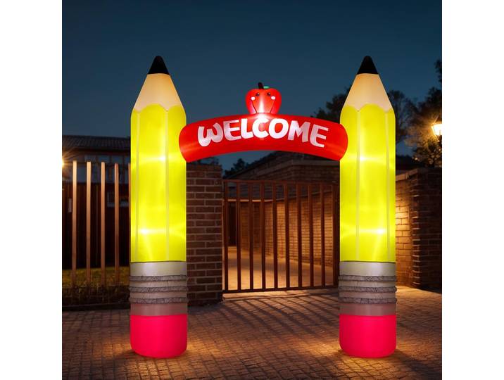 Arche gonflable de 9 pieds pour la rentrée scolaire, arche gonflable en forme de crayon avec pomme de bienvenue et lumières LED intégrées pour la remise des diplômes de maternelle
