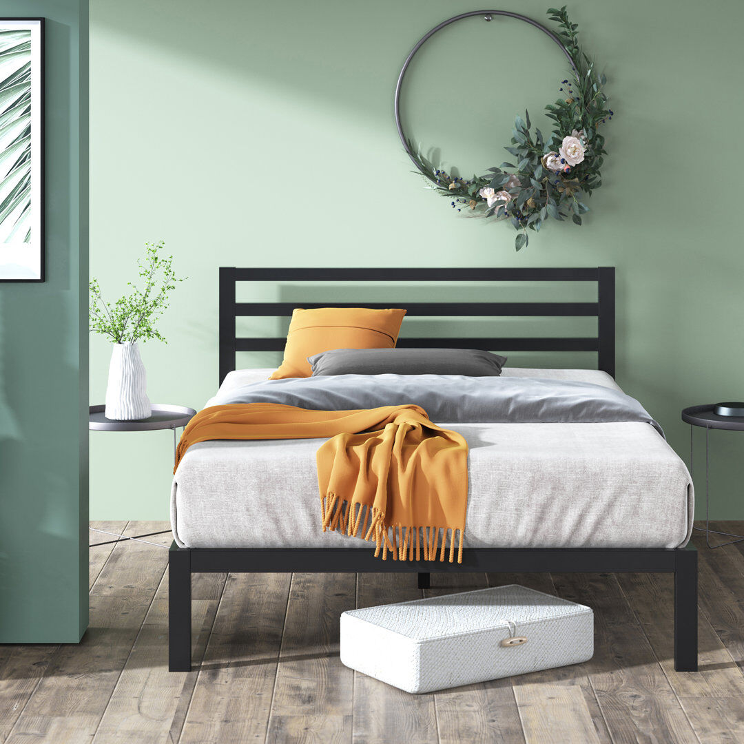 Hashtag Home Christiano Minimalist Metal Bed with Slatted Headboard Black Double (4'6)