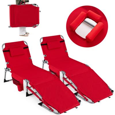 Costway Set of 2 Tanning Chairs with Face Arm Holes Portable with 4-Level Backrest-Red
