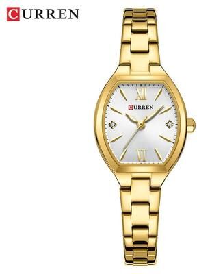 Uplift Essentials Elegant Barrel Shaped Retro Watch Fashionable Quartz Timepiece With Convenient Elastic Band For Women golden White
