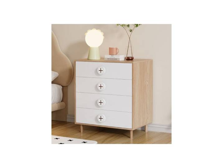 Commode 4 Tiroirs en Bois Clair et Blanc 80x54x90 cm – Merax Table de Chevet Scandinave pour Chambre Enfant ou Adulte