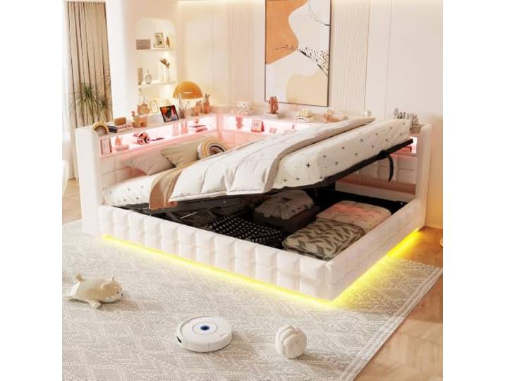 Merax Multifunktionales Polsterbett Schlafsofa 140x200 cm mit Hydraulik, Holzregal, LED & USB – Beige (Ohne Matratze)