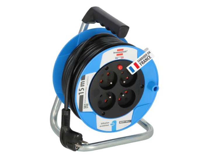 Brennenstuhl Enrouleur électrique Standard Baby S\, 15m H05VV-F 3G1\,5 4 prises de courant\, poignée de transport\, format compact pratique\, disjoncteur\, usage ménager\, en intérieur\, Made in France