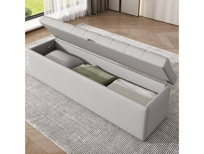 Merax Polsterbank 141x41,5x42 cm mit Stauraum, Leinenbezug, Ziernähten und gepolsterter Sitzfläche – vielseitige Betthocker, Sitzbank & Aufbewahrungsbox, Hellgrau