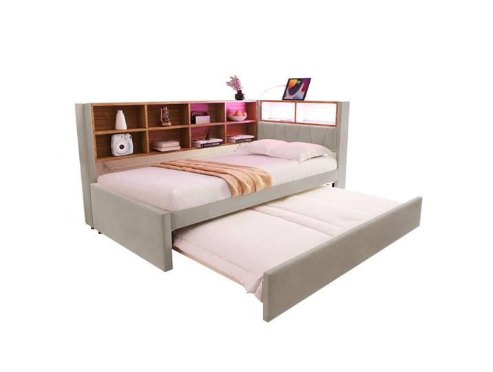 Okwish Schlafsofa 90/200 cm mit Ausziehbett mit LED-Beleuchtung und multifunktionalen Ladeanschlüssen Hellgrau aus Flanell, 90x200 cm, Schlafzimmer, Betten, Polsterbetten