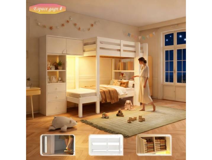 Lit Superposé Enfant - OEM - 90x200 - Éclairage LED Intelligent - Rangement Maximal - Design Sécurisé