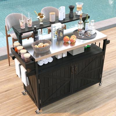 toswini Outdoor Kitchen Island Solid Wood Grill Cart Stainless Steel Top Adjustable Shelves