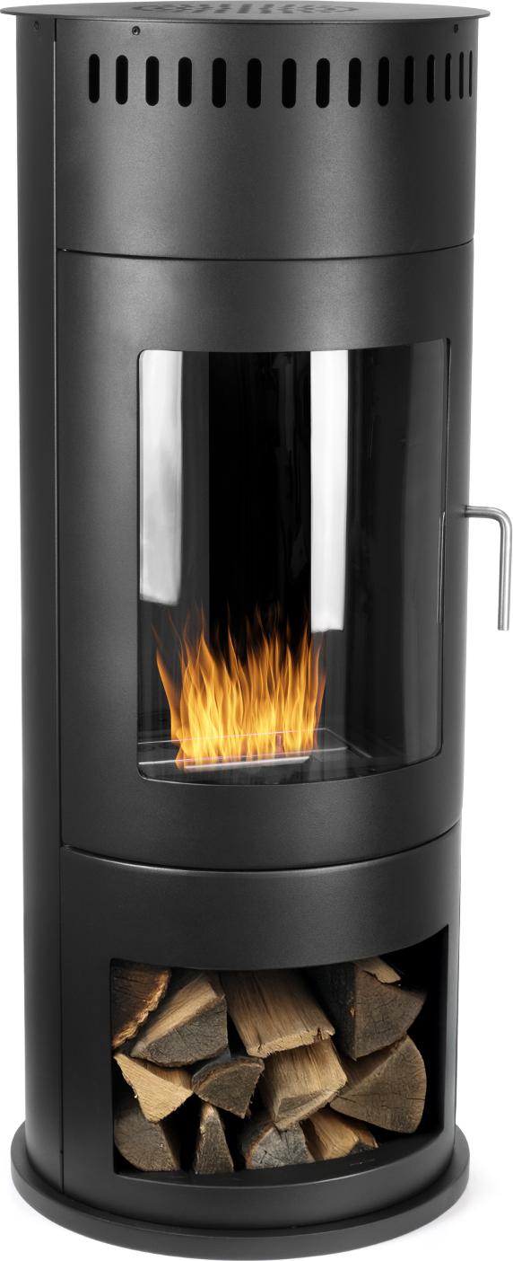Design Ethanol Kamin rund freistehend 113 cm hoch mit Sichtfenster Schwarz Standkamin für Wohnzimmer Kaminofen Optik Bioethanol Deko Kamin ohne Schornstein
