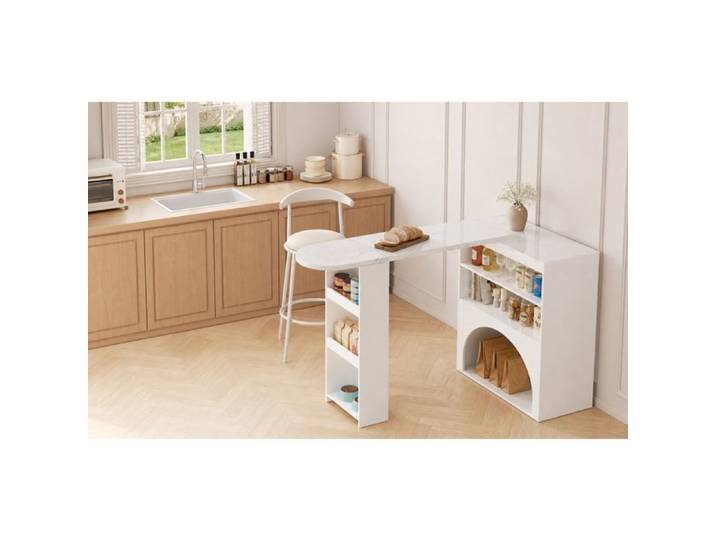 SENVIRO Table bar extensible et pivotante 120(+80) x 40 x 100 cm blanche aspect marbre rangements ouverts