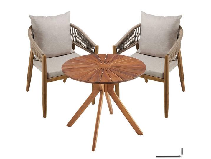 tectake Gartenset 3-teilig, höhenverstellbare Kunststofffüße, in Sandfarben, Holz, Gartenmöbel, Gartengarnituren, Gartenmöbel-Sets