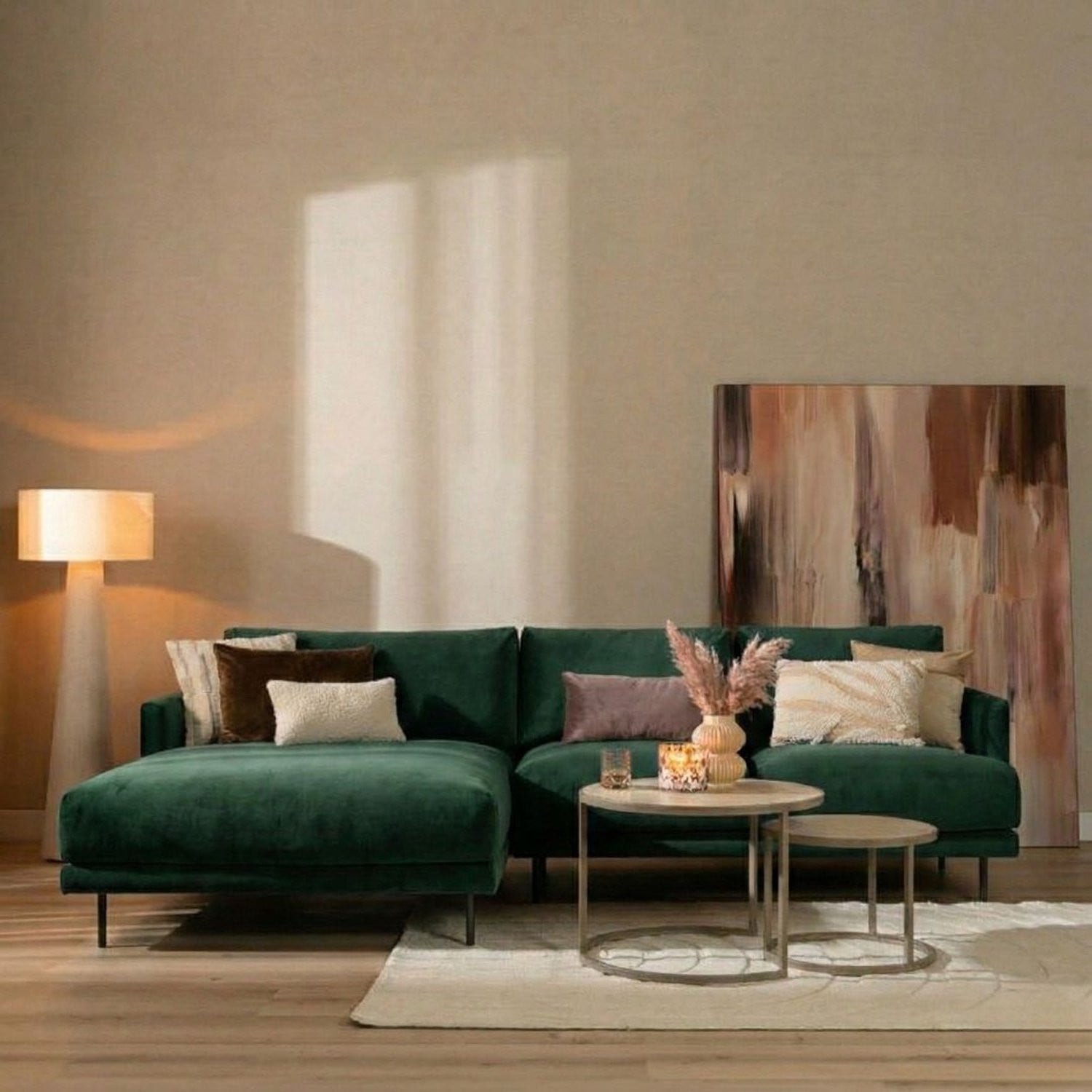 Bronx71 Velvet hoekbank Denver groen links met losse rugkussens