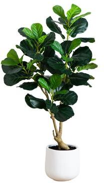 Nearly Natural 4-ft Artificial Lush Fiddle Leaf Tree in Decorative White Planter - Green