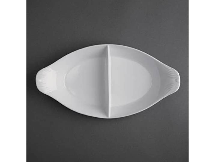 Olympia Whiteware geteiltes ovales Serviergeschirr-Set 290x160 mm (6er-Pack), weißes Porzellan - Backofen-, mikrowellen-, spülmaschinen- und gefrierschrankgeeignet - BS4034 zertifiziert, Y100