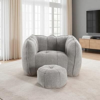 Modern Chenille Bean Bag Chair with Footstool, High Resilience Foam Filled Square Floor Sofa with Armrests & Handle