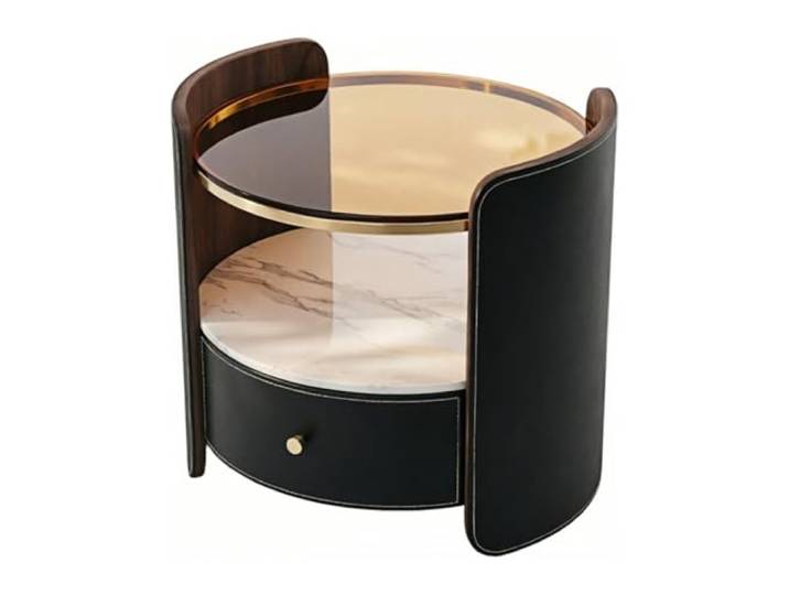 Zimmer Nachttisch mit zylindrischem Korpus, Glasplatte und Steinplatte Regal mit 1 Schublade for Schlafzimmer(Schwarz)
