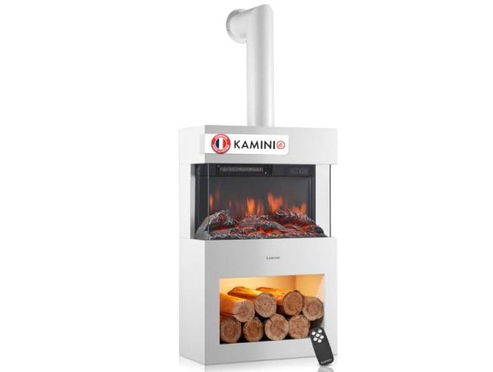 KAMINIO® Henri Cheminée électrique avec Chauffage & Tuyau de poêle\, Blanche Cheminée décorative sur pied avec effet de flamme\, feu 3D\, compartiment éclairé par LED\, thermostat\, minuterie\, télécommande