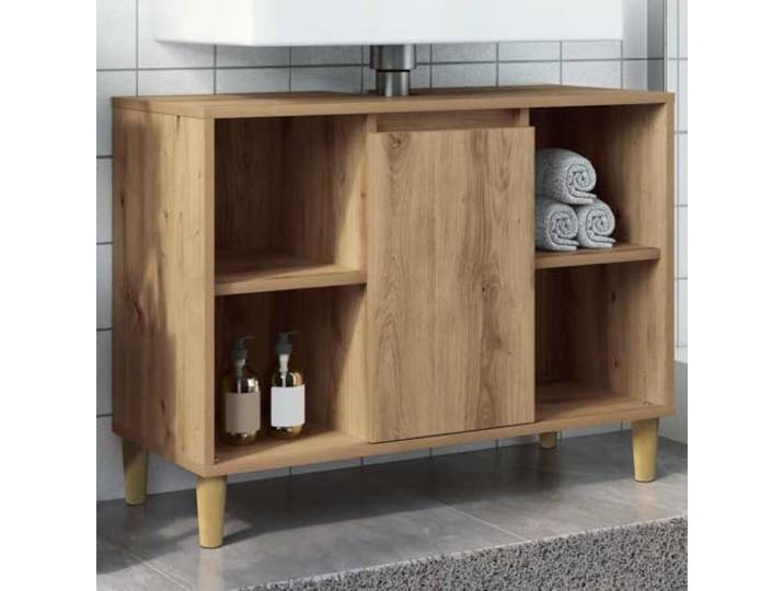 KTHLBRH Badezimmerschrank Eiche Handwerk 80 x 33 x 60 cm Spanplatte 4 offene Einlegeböden, 1 Tür, feuchtigkeitsbeständig, einfache Reinigung, Wandbefestigung