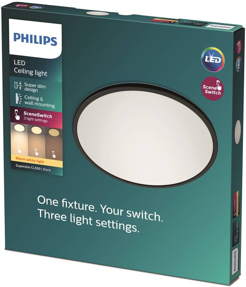 Philips Lámpara de techo LED Superslim, atenuable, Negro, Cuarto de baño, Metal, Lámpara de techo LED