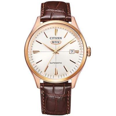 Automatikuhr CITIZEN "Crystal Seven", braun, Armbanduhren, Herren, Automatikuhr, Armbanduhr, Mechanische Uhr, Herrenuhr, Datum, Lederarmband