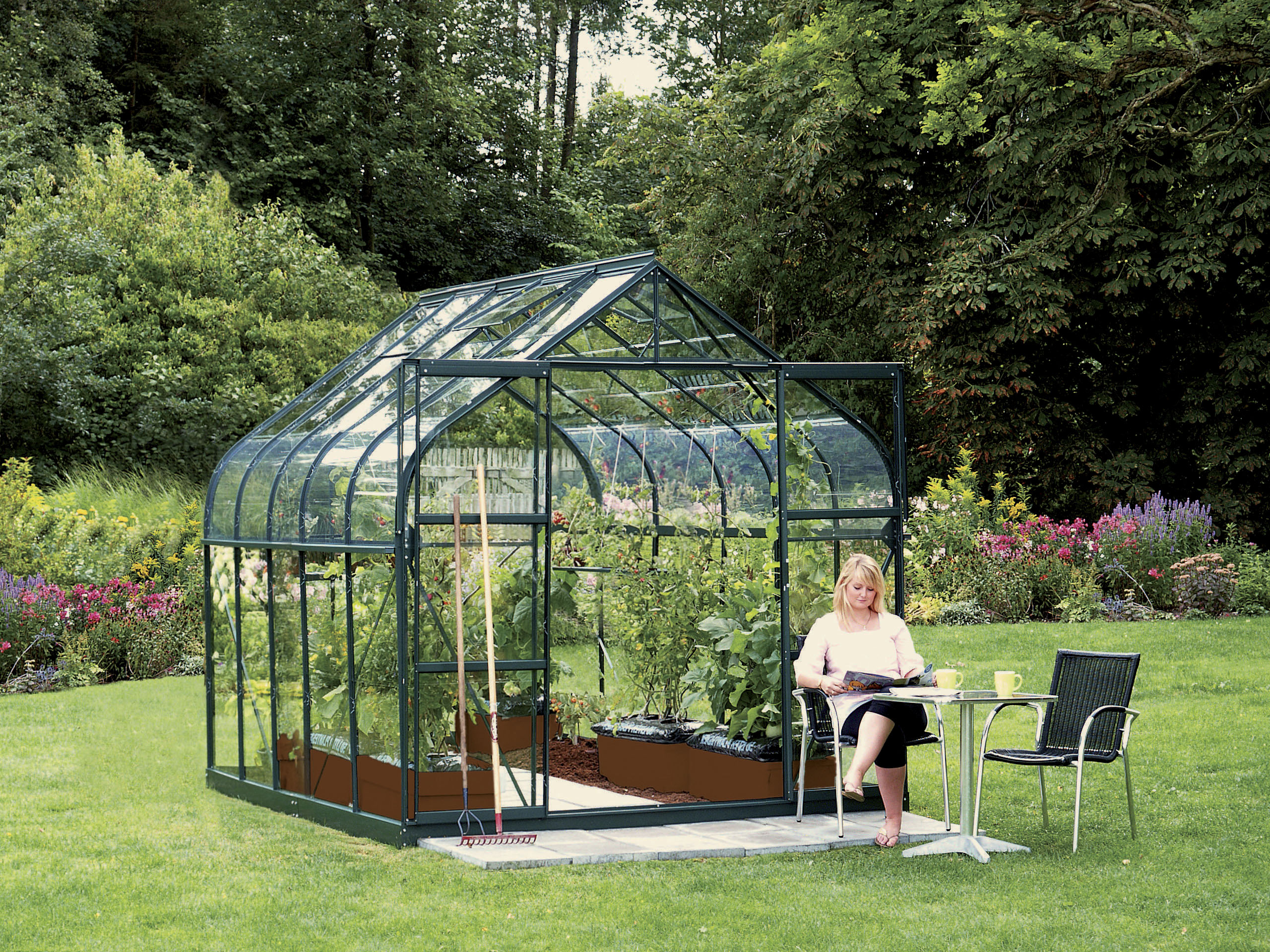 Gewächshaus VITAVIA "Dione 8300 smaragd", grün (dunkelgrün), B:264cm H:261cm T:321cm, Gewächshäuser, Gewächshaus, inkl. Fundamentrahmen, Dachlüfter und Min-Max-Thermometer