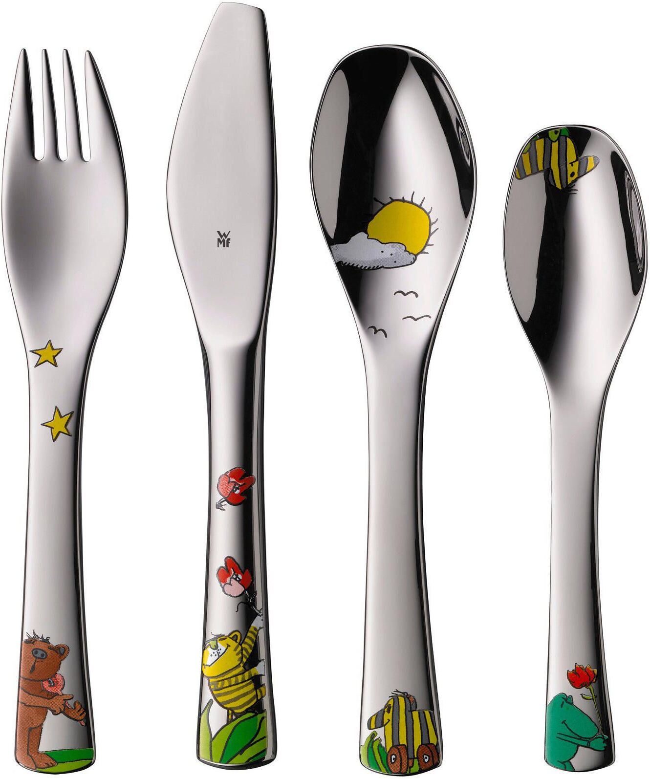 Kinderbesteck WMF "WMF Kinderbesteckset Janosch 4-teil", bunt, Edelstahl, Essbesteck-Sets, Kinderbesteck, 1 Kinderlöffel, 1 Kindergabel, 1 Kindermesser, 1 Kinderkaffeelöffel bunt Einheitsgröße