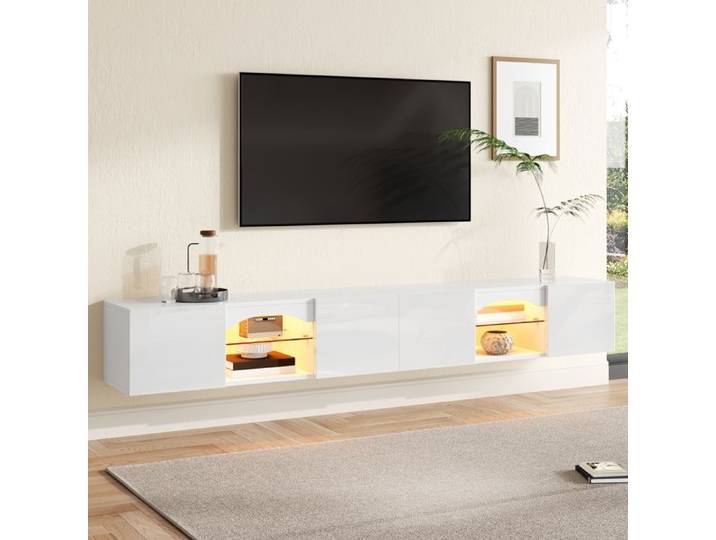 Meuble TV Suspendu Blanc 200×30×28cm 4 Portes 2 Compartiments Ouverts Étagères Verre Éclairage LED Contrôle App Lowboard TV